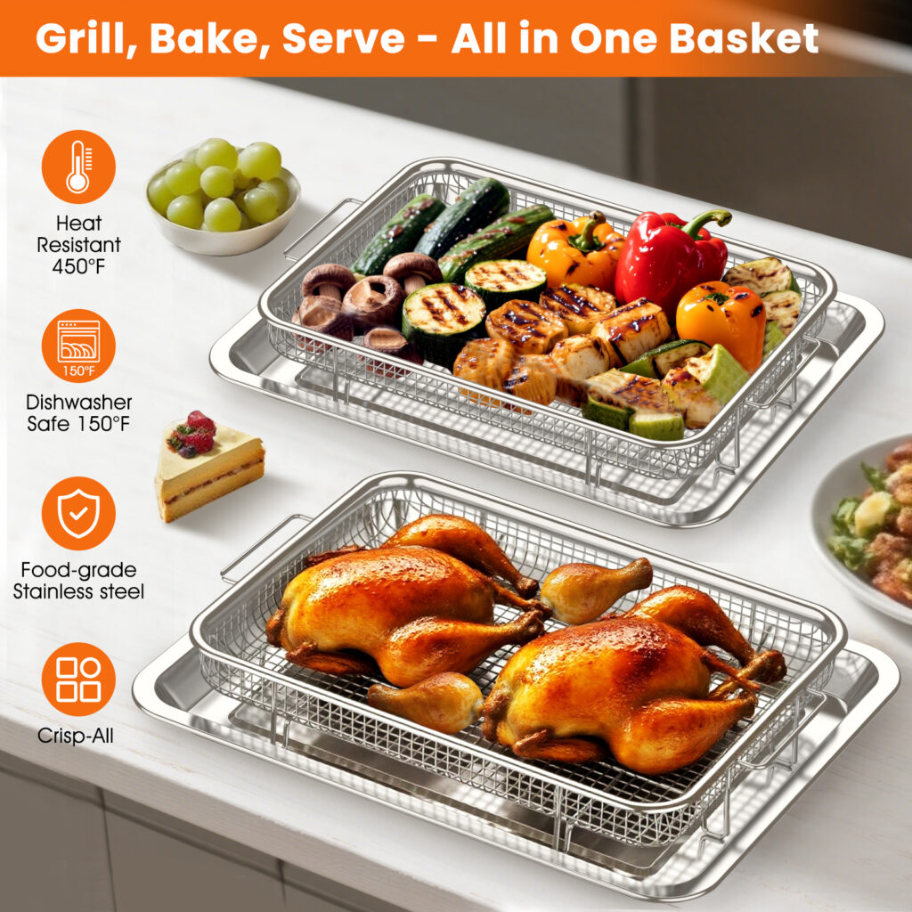 Xumilas 2-piece air fryer basket cooking chicken wings and vegetables