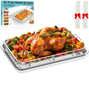 Extra Large Air Fryer Basket for Oven, 18.7"x12.8" Stainless Steel Baking Pan & Crisper Tray, Fits Whole Chicken, Commercial-Grade Oven Air Fryer with 30 Parchment Papers, Dishwasher Safe