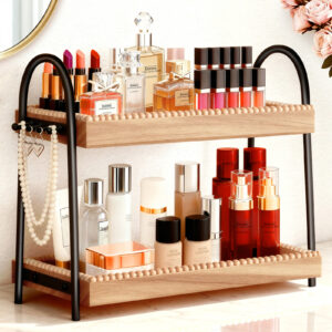 2-Tier Large & Medium Perfume Organizer with 8 Hooks for Jewelry, Bathroom Countertop & Vanity Tray Makeup Shelf - Space Saving Wooden Storage for Skincare, Dresser, Kitchen Decor(Black & Light Brown)
